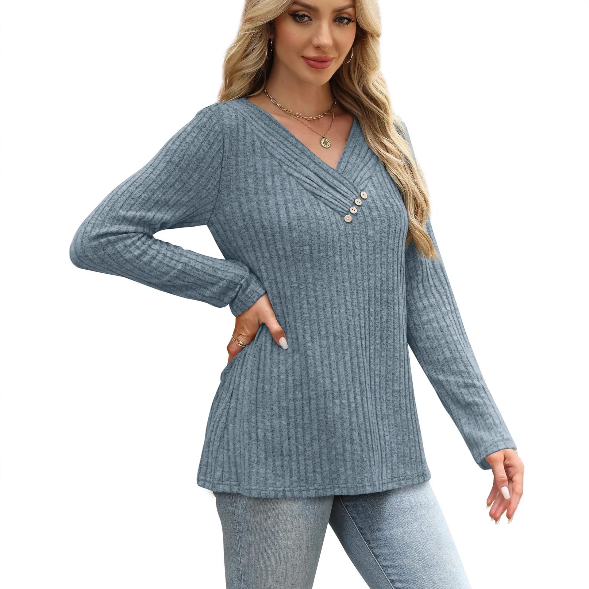 Y2K سترة نسائية محبوكة برقبة على شكل حرف v أنيقة غير رسمية متعددة الاستخدامات للخريف والشتاء تي شيرت فضفاض بأكمام طويلة وأزرار