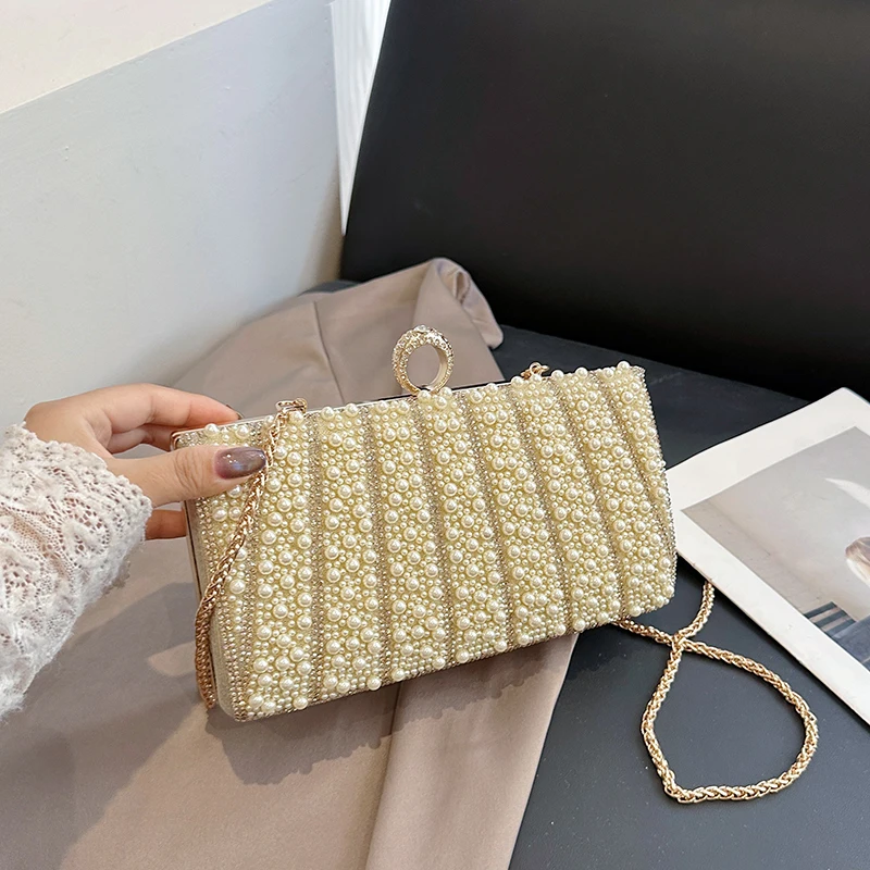 

Изысканная женская вечерняя сумка с жемчугом, блестящий клатч со стразами и бисером, роскошная цепочка с блестящими стразами, сумка, свадебные сумки