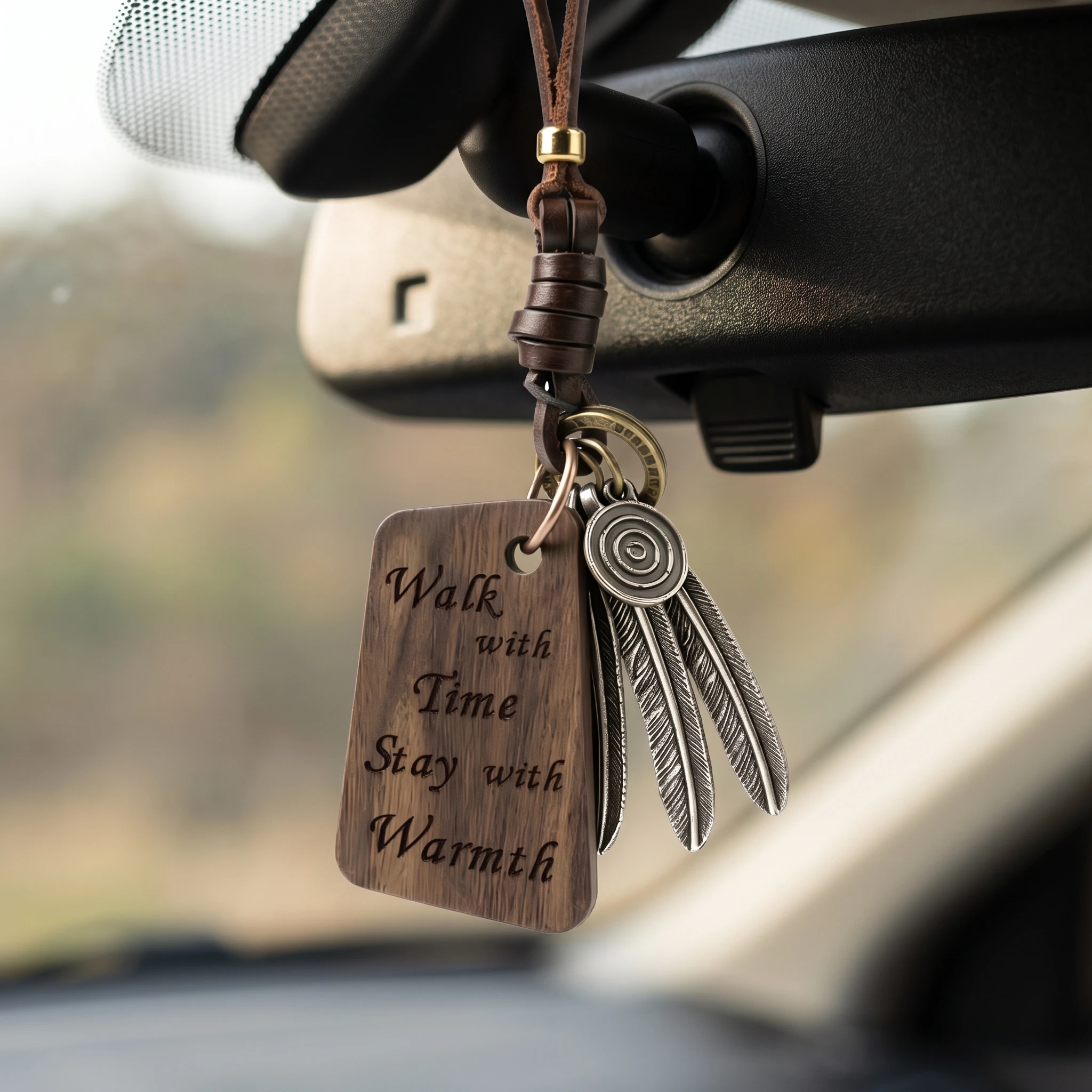 Vintage Hollow Feather Car Hanging Engraved Every Storm Blooms Flowers Wooden Tag Leather Rope Backpack Healing Gift