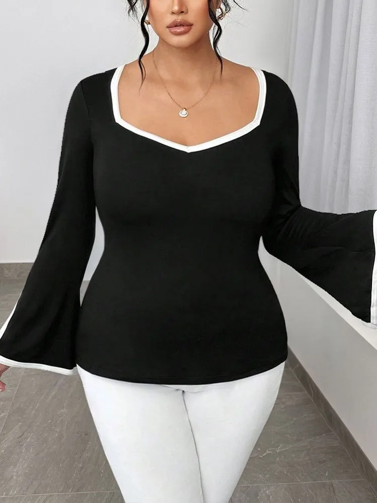 Feminino plus size XL-3XL outono inverno casual com decote em v manga longa preto solto camiseta esportes ao ar livre topo roupas femininas de grandes dimensões