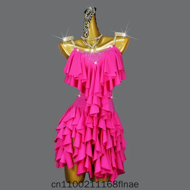 2026 New Rose Red Latin Dance Competition Table Performance Costume Professional Dance Stage Tassel Skirt