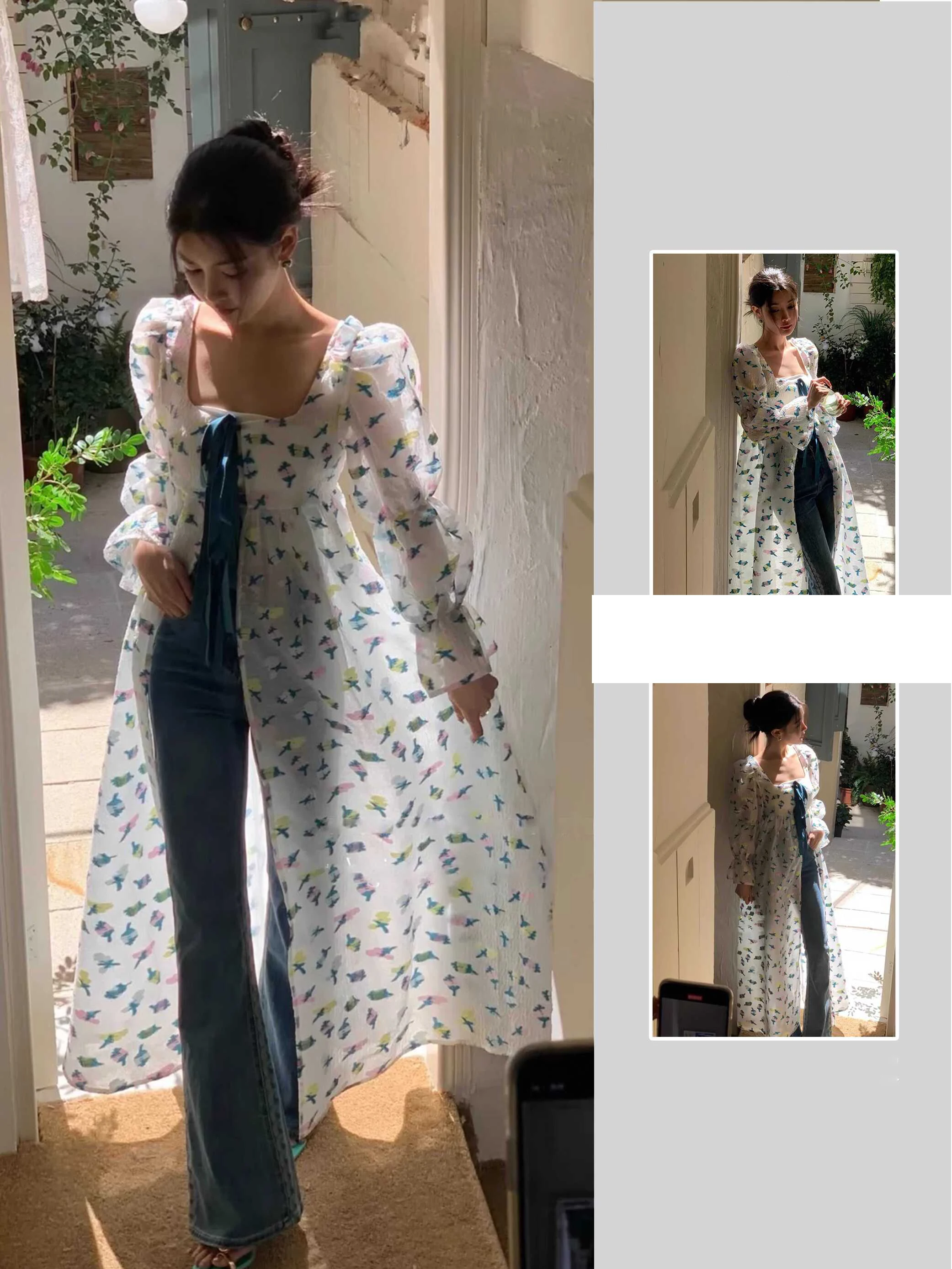 Cappotto con protezione solare con stampa in stile francese donna primavera estate colletto quadrato con fiocco abiti stringati t-shirt lunga tutto abbinato dolce fresca