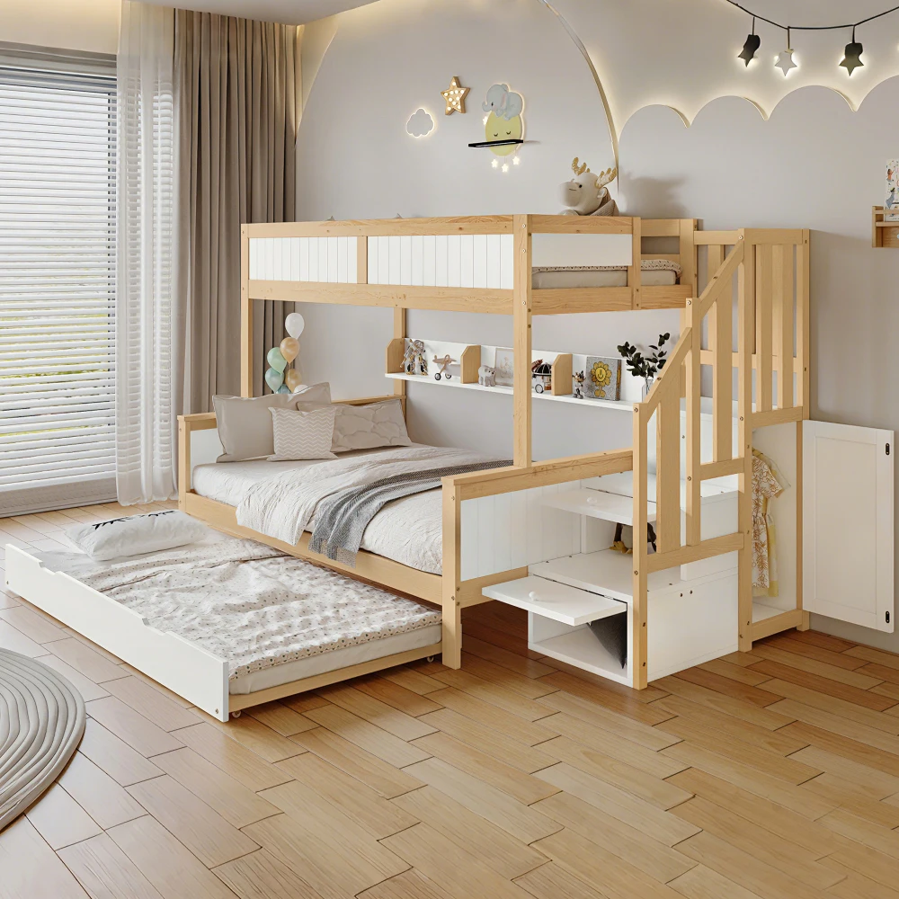 PINGGO Etagenbett 90x200/90x190/120x200cm mit Fallschutzgitter, 3-stöckiges Rollbett mit Kleiderschrank und Eck-Treppe, ohne Matratze – Detail 5