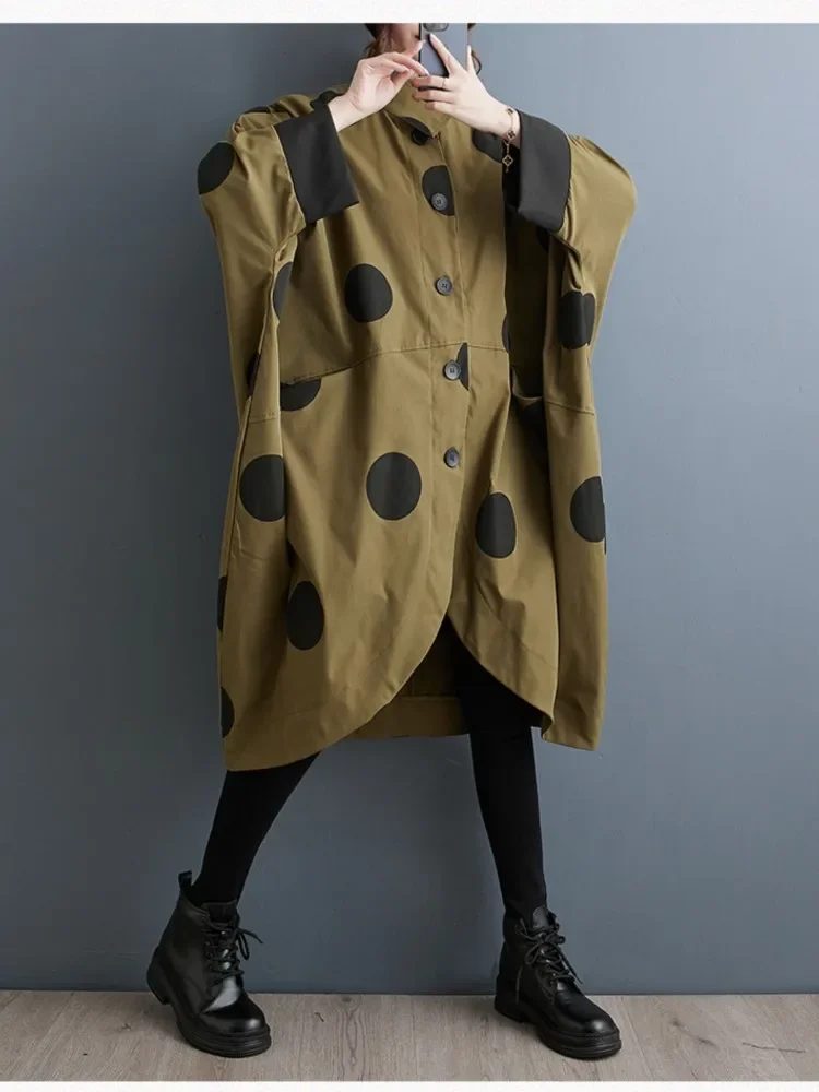 Trench oversize a pois donna Vintage autunno allentato capispalla donna Trench Casual moda donna giacca lunga cappotto