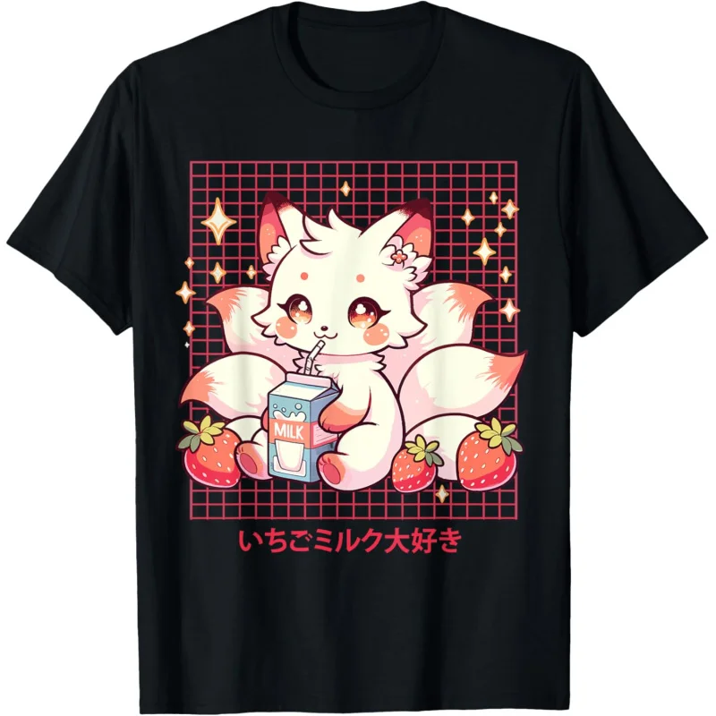 Cute Kitsune Japanese Anime Fox Kawaii Strawberry Milk funny T-Shirt