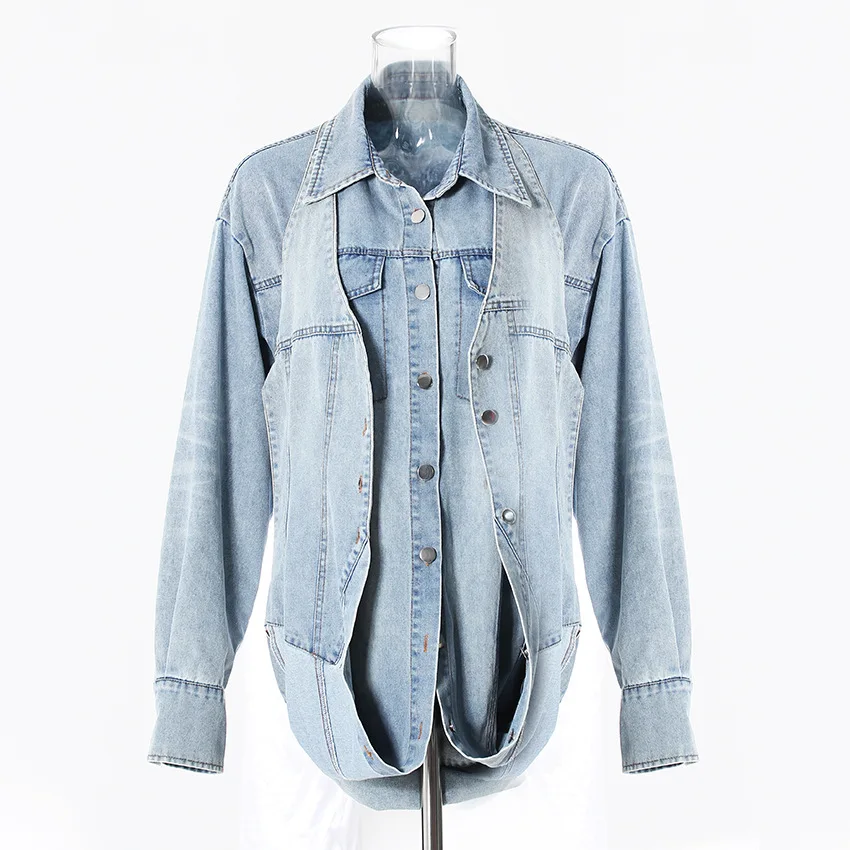 Halterneck Vest Denim Shirt 2025 Women Fashion Long Sleeve Songle Breated Casual Street Top Turn Down Collar