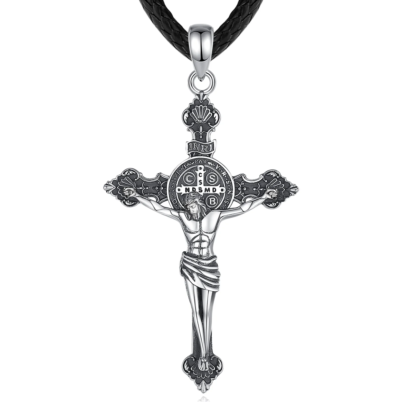 Eudora 925 Sterling Silber Jesus Halskette st. Benedict Kreuz Vintage Amulett Anhänger religiösen Schmuck Geschenk für Männer Frauen