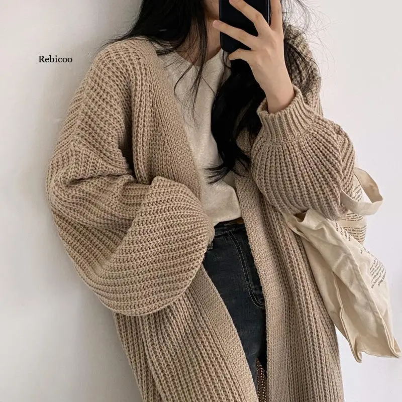 Cardigan Women Long Knitted Casual Vintage Loose Sweater Coat Solid Oversized Sweater Korean Fashion Female Cardigans 2021