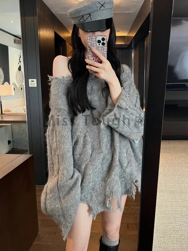 Autumn Sexy Knitted Pullover sweater Women Solid French Elegant knitted Sweater Female Long Sleeve Vintage Off Shoulder Top 2023