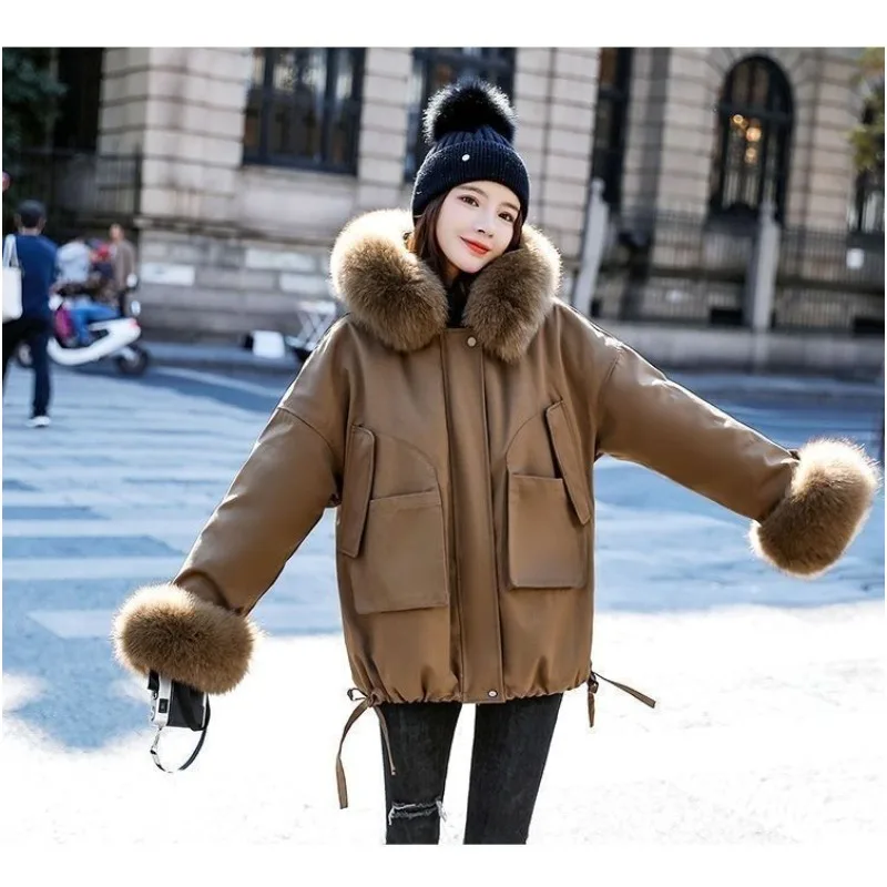 Women's Clothing Parka Winter New Petite Fleece Lining Thicken Design Fur Collar Cargo Coat Cotton Jacket Hooded Outerwear