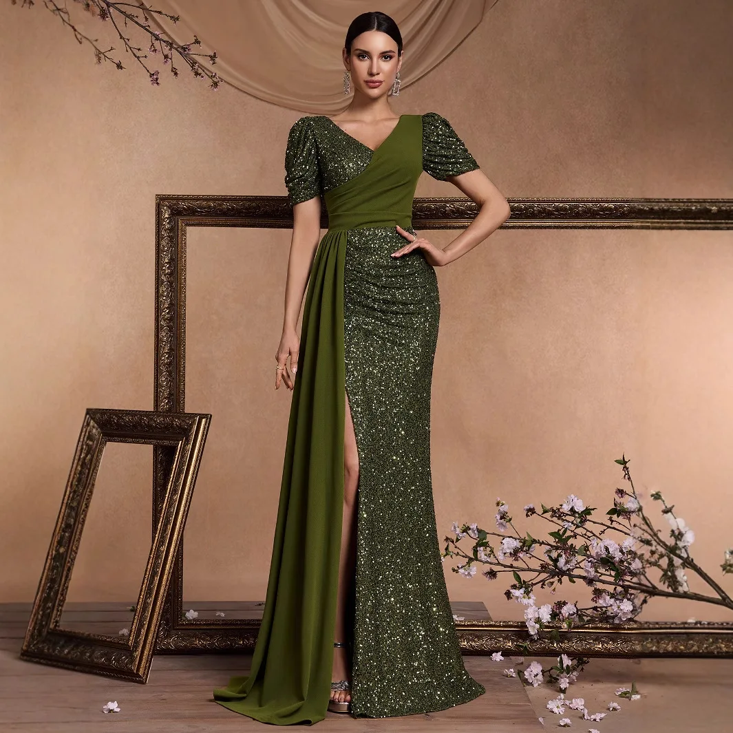 

Olive Green Mermaid Sequin Maxi Dress Asymmetrical V Neck Puff Short Sleeve Chiffon Sash High Slit Wedding Formal Gown