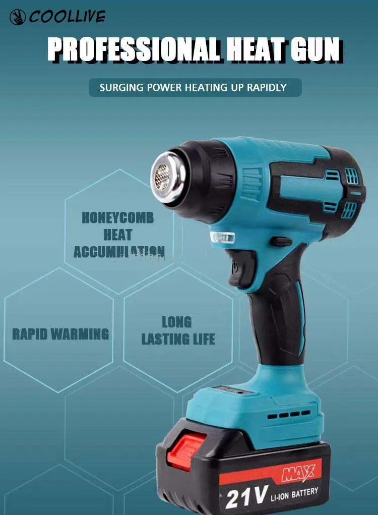 

21V Electric Heat Gun Rechargeable Cordless Handheld Hot Air Gun with 3 Nozzles for Makita Battery Home Hair Dryer