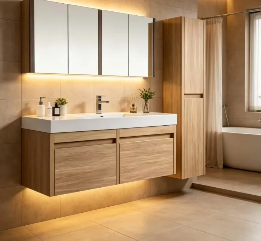 Modern Wood Bathroom Cabinet with Mirror Set, Floating Installation & Soft-Close Drawers