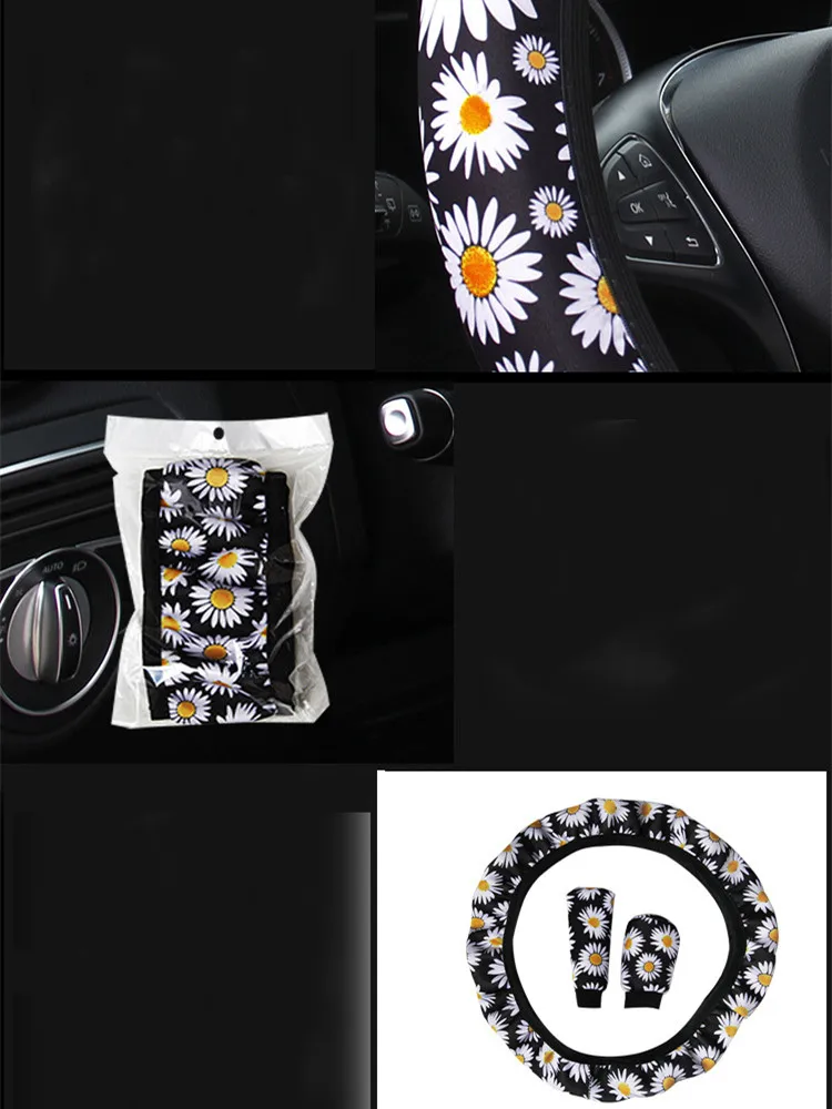 3 Pcs/Set Knitted Styling Interior Accessories Product Universal Car Cute Daisy Flower Steering Wheel Cover Car Interior