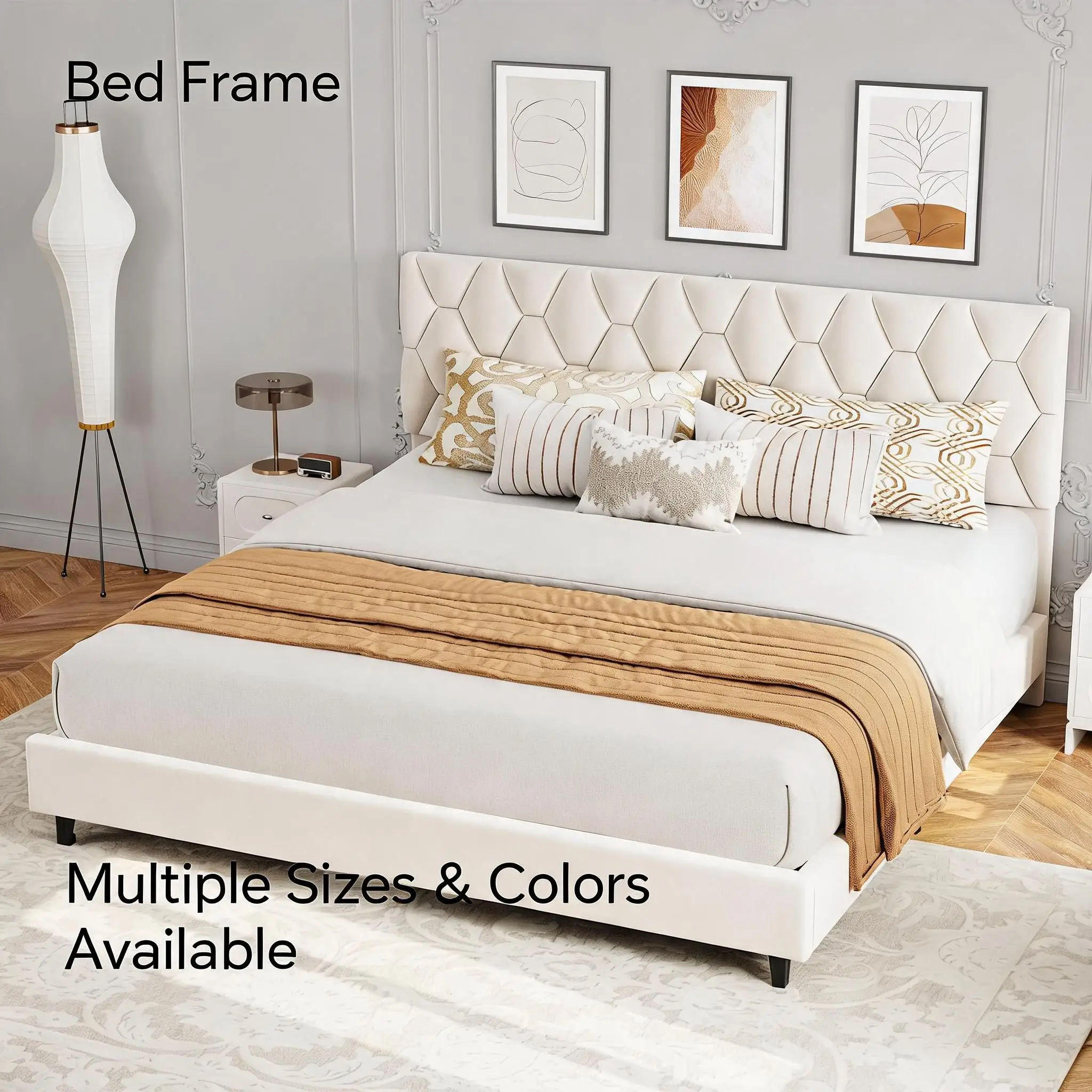 Adjustable Headboard Upholstered Platform Bed Frame, Heavy Duty Wood Slat Support, Noise-Free Bed Base, No Box Spring Required, Easy Assembly, Available in Twin, Full, Queen & King Sizes