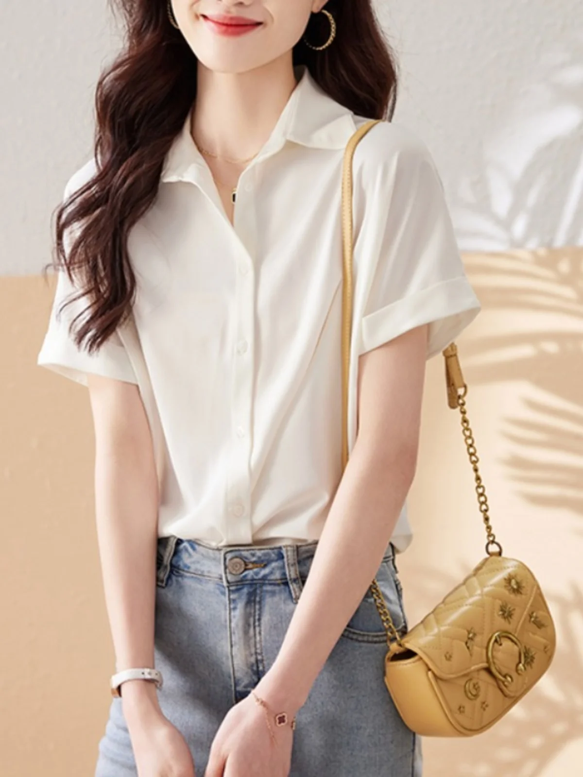 Summer Silk irt Commute Simple Faion Loose Slim ort Sve  Collar Top Korean Sle Regular Fit Pure Color