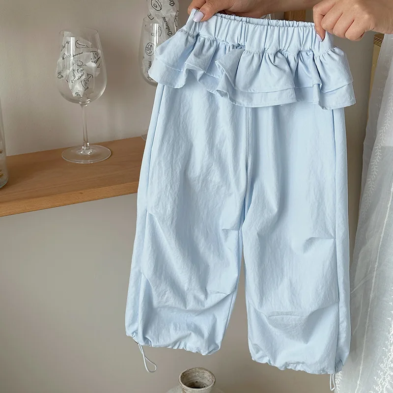 Girls Summer Thin Casual Pants Lace Trim Straight Leg Elastic Waist Loose Sports Trousers Quick Dry Mosquito Proof Pants for Kid