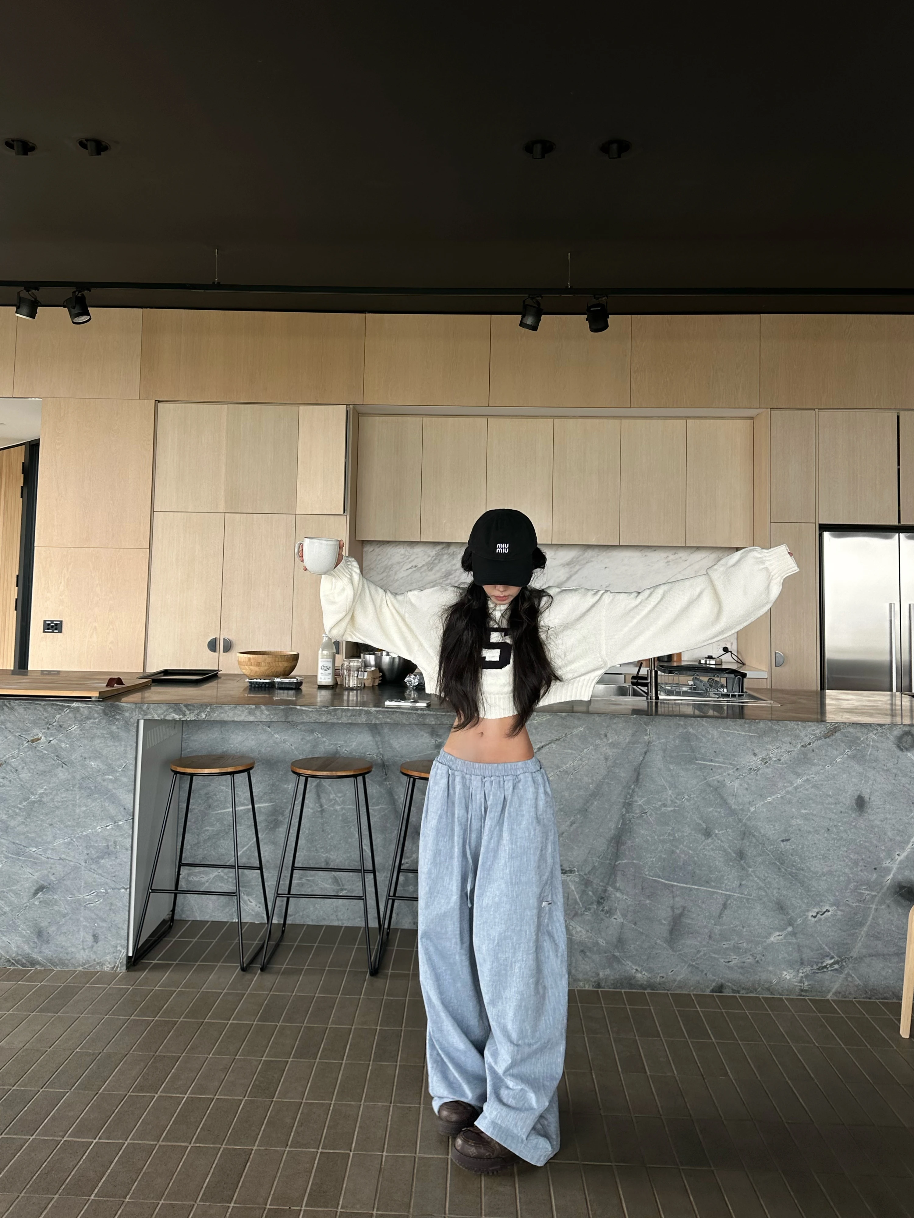 Low Waist Casual Pants Women's Blue Straight Leg Wide Leg Fall Season Versatile Comfortable Cotton Linen Blend Loose Fit