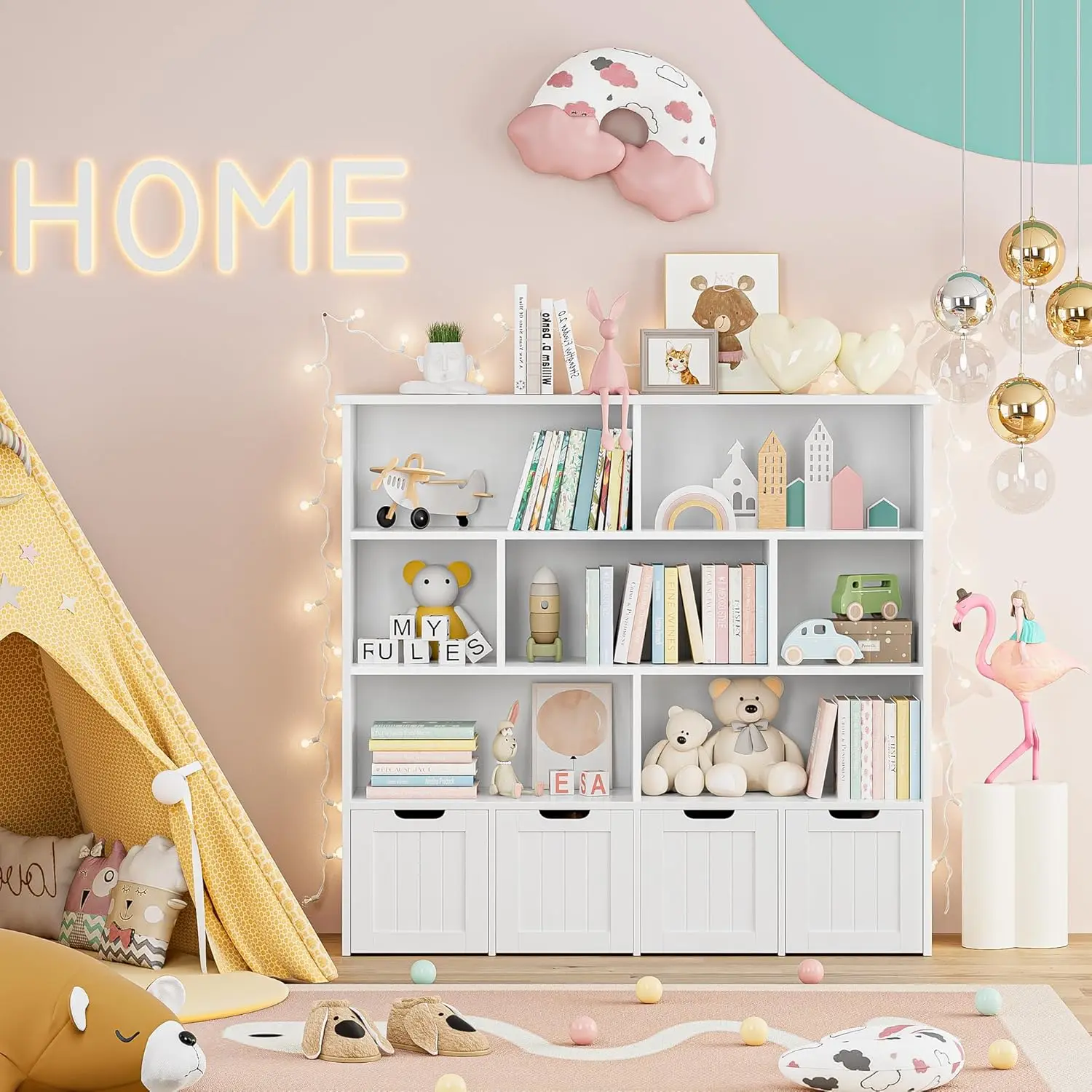 大きなおもちゃオーガナイザーと収納、4つの可動引き出しと7つの収納キュービー、隠しホイール付きおもちゃチェストシェルフオーガナイザー、子供用