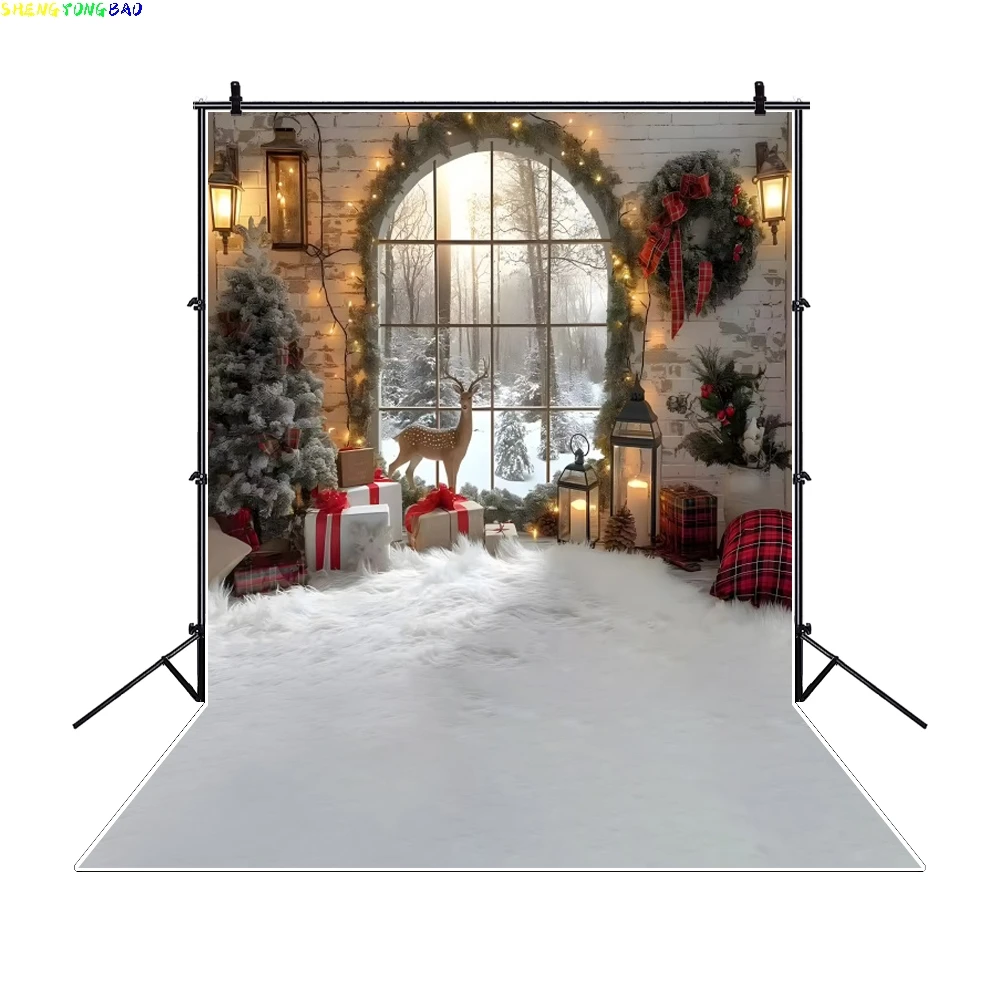 

Christmas Photography Backdrop Xmas Tree Garlands Elk Brick Wall Window Snow Scene Kids Family Portrait Photo Background Props