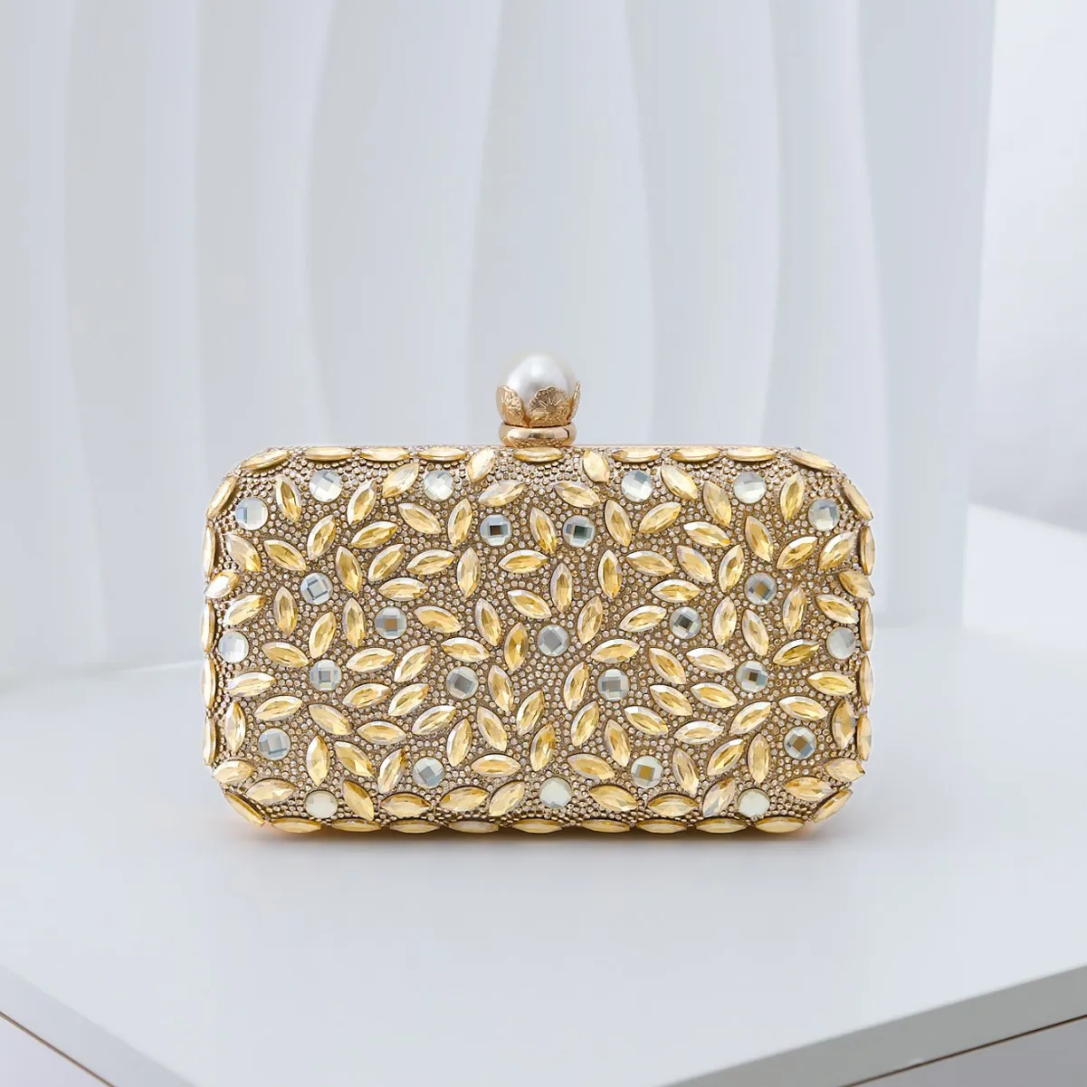 Golden Square Handbags Ladies Dinner Evening Bags Luxury Crystal Inlay Small Clutch Wedding Prom Party Shoulder Bag For Women
