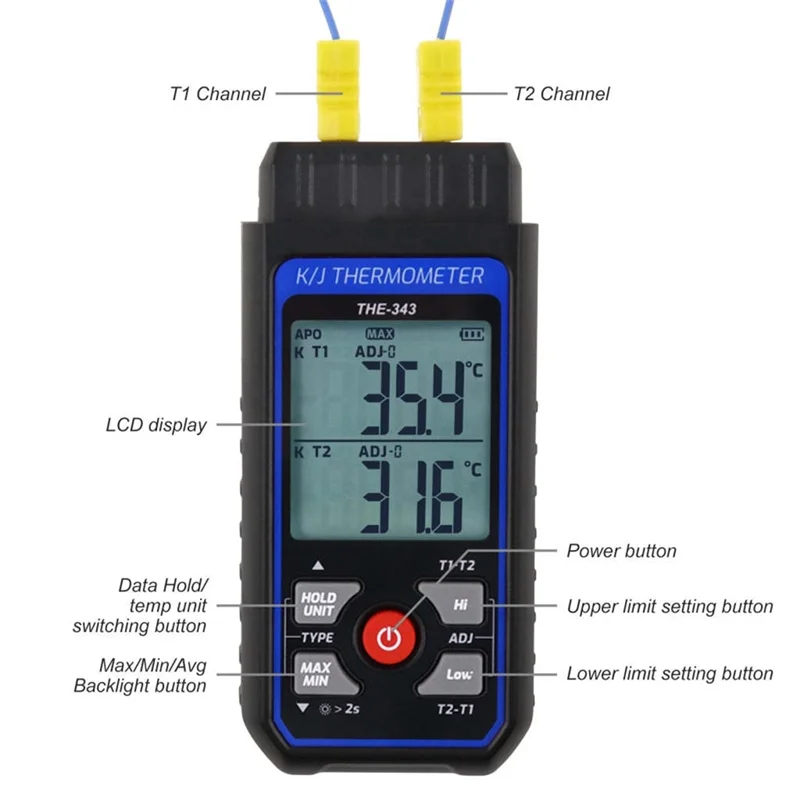 

Ultra Thermocouple Thermometer Digital K Type Thermometer With 4 Thermocouples, -328-2500℉ Measuring Range HVAC Thermometer