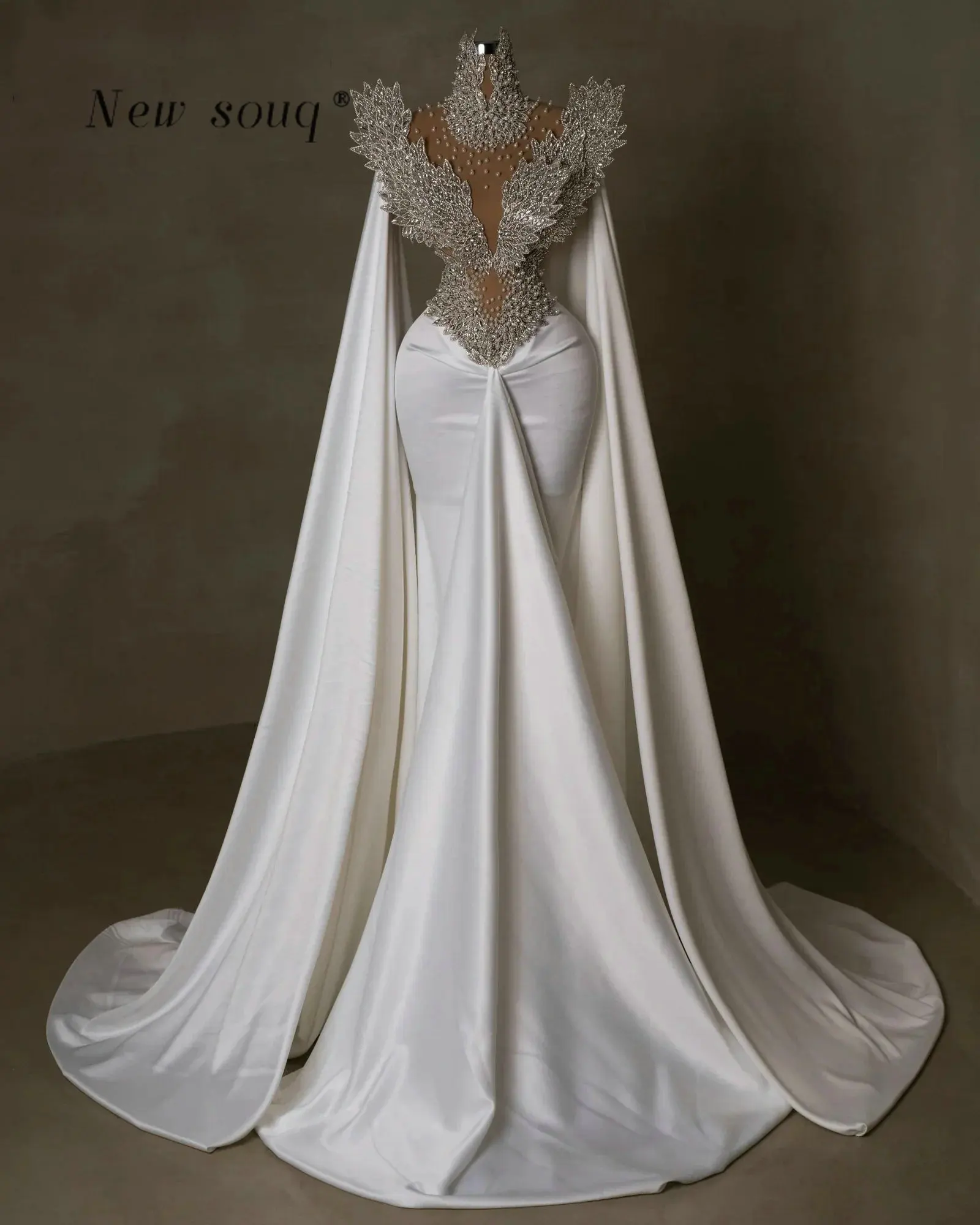

Customized Arabic White Cape Sleeves Crystals Beaded Mermaid Prom Dresses High Neck Long Satin Wedding Engagement Evening Gowns