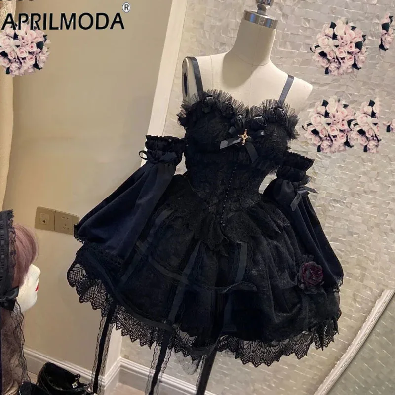 Abito Lolita in pizzo Kawaii in stile giapponese vittoriano gotico Vintage Girl Sweet Princess Holiday Party Robe Women Black Sling Dress