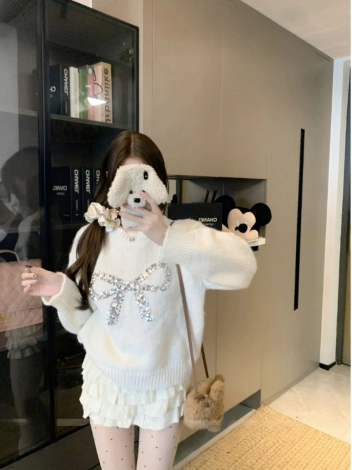 

Осень-зима блестящий свитер с узлом высокого качества вязаный свободный крой Ele Long Sve круглый топ Ne Faion