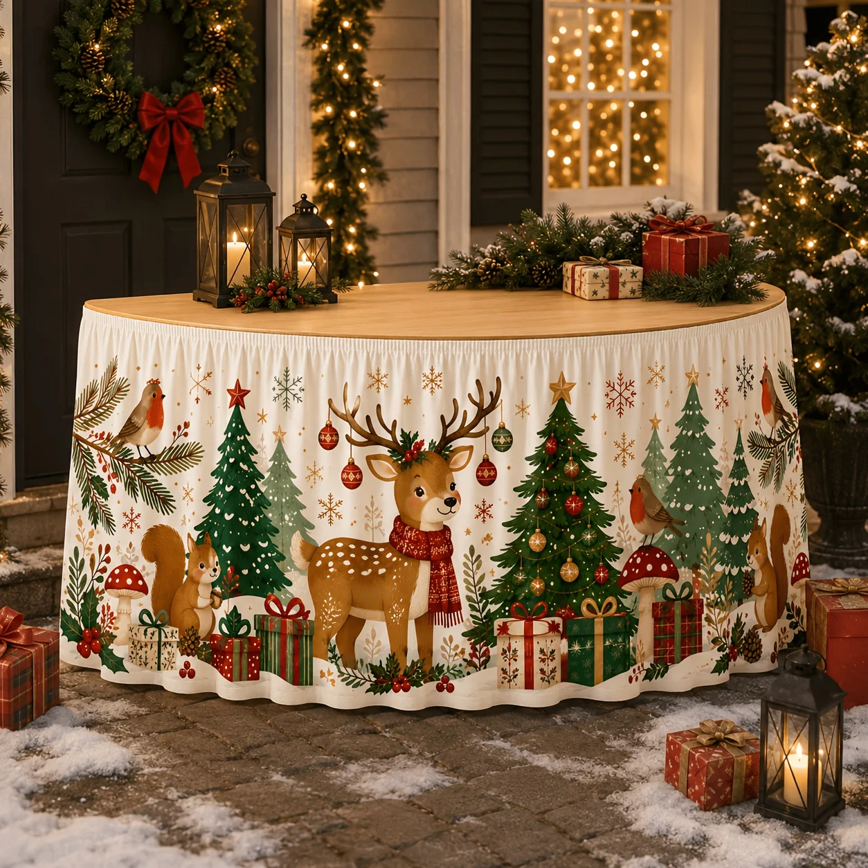 1 piece table flag table skirt, watercolor woodland Christmas table skirt, central spotted deer, robin, squirrel, cedar gift box