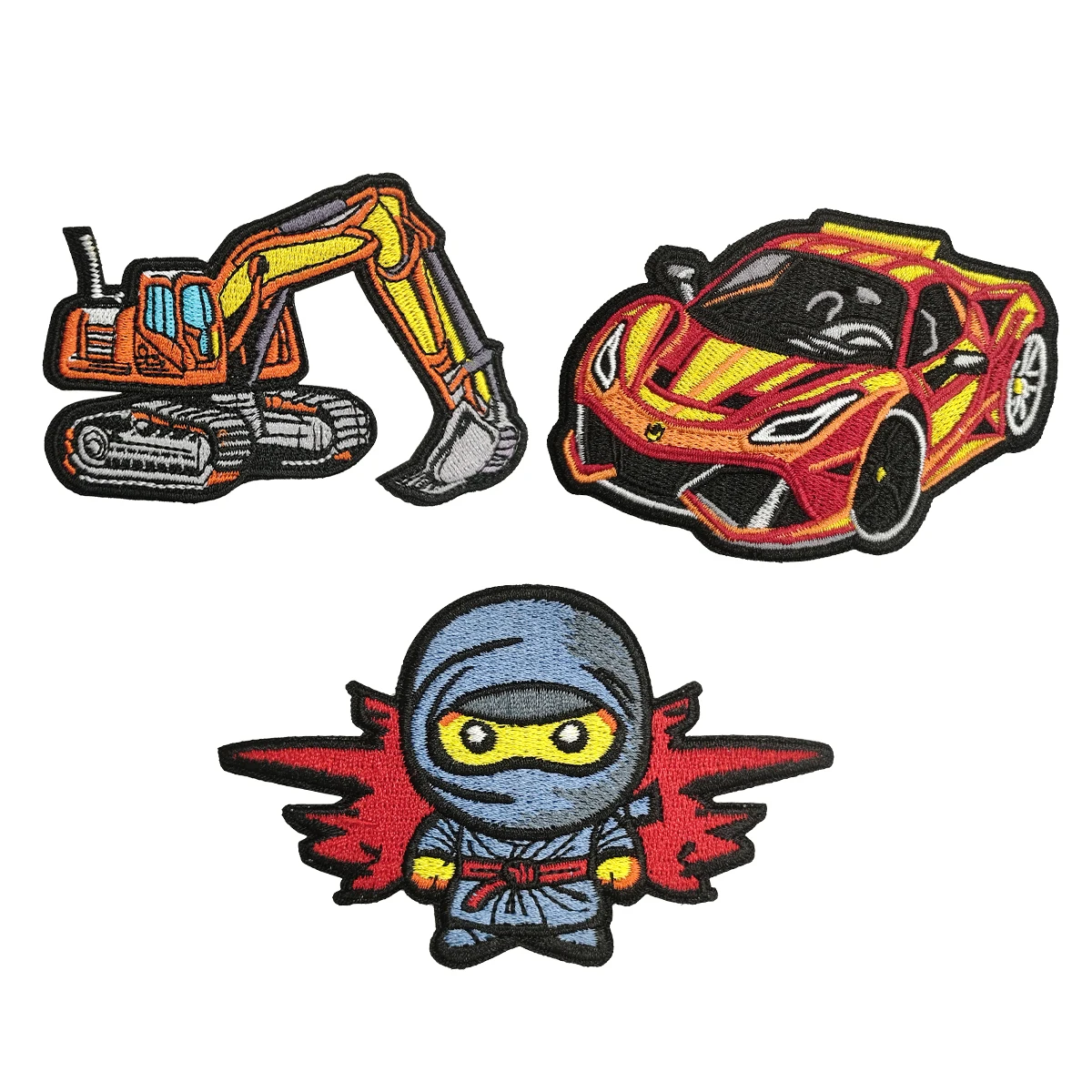 Excavator Sports Car and Cute Elf Embroidered Patches for Clothing Sewing Accessories Iron on Cartoon Patches Decoration DIY