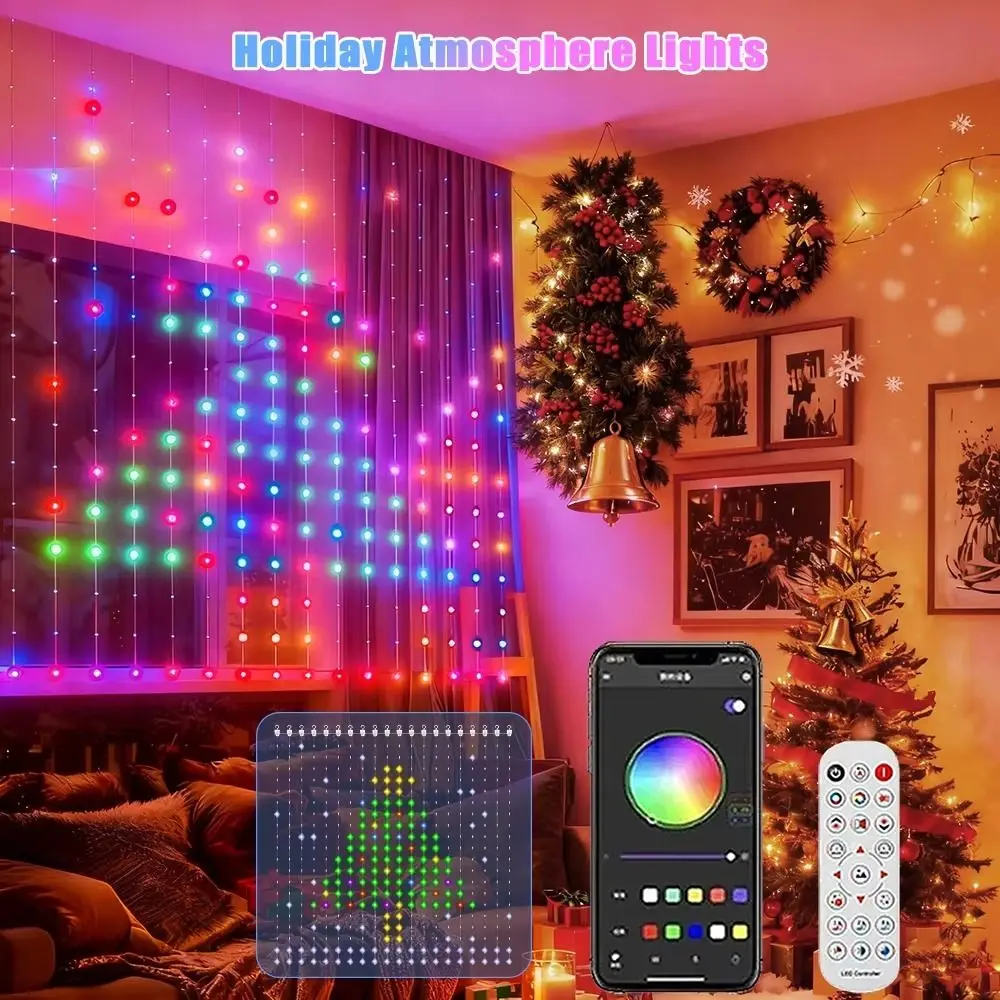 アプリで操作できる、diy可能なパターン設定が可能な、ip65防水規格のledカーテンライト。usb電源で、rgbカラーを変更できるスマートライト。