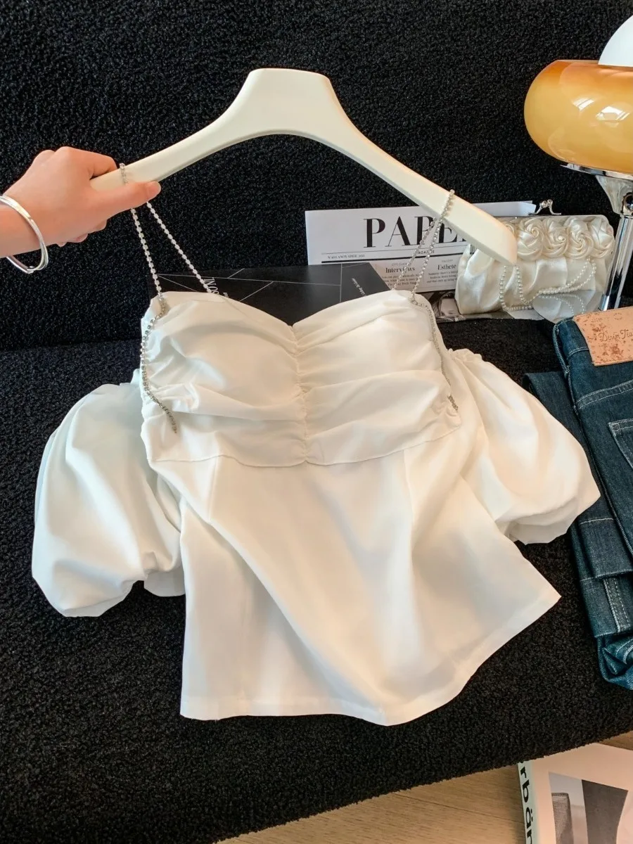 

Elegant White Short Sleeve One Shoulder Design Women's Chiffon Top Fashionable Sexy Style Polyester Fiber Casual Wear