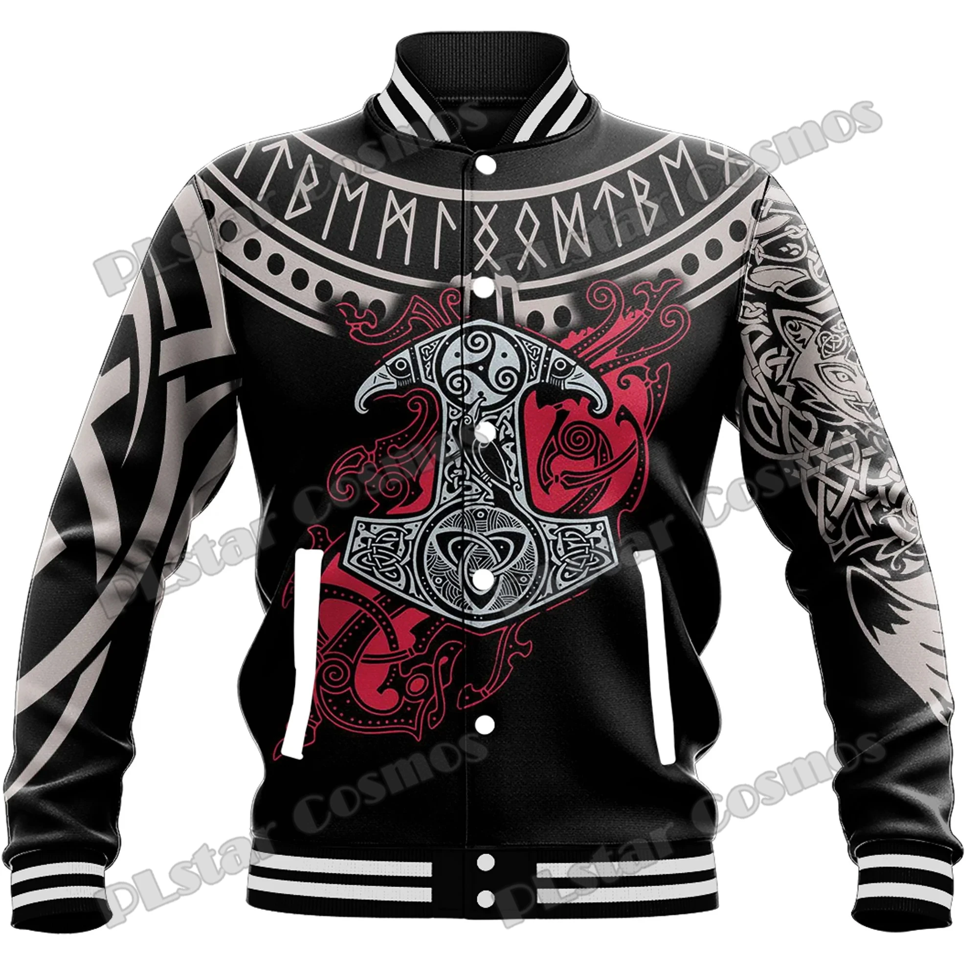 

Mjolnir and Fenrir Tattoo Mix Ruby Red 3D Printed Mens Baseball Jacket Winter Unisex Casual Bomber Full-Snap Varsity Jacket AK25