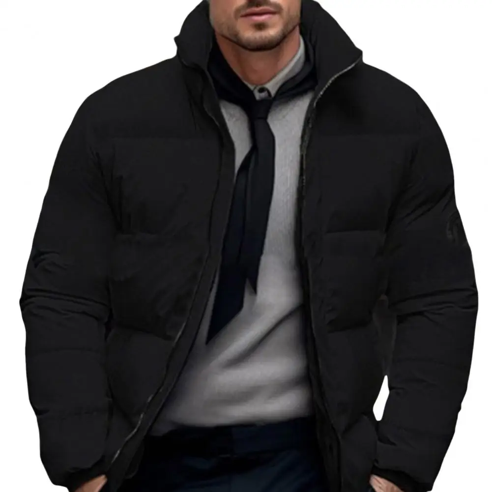 

Solid Color Winter Coat Men's Thickened Cotton Puffer Coat With Stand Collar Side Pockets Long Sleeve Zipper Closure For Winter