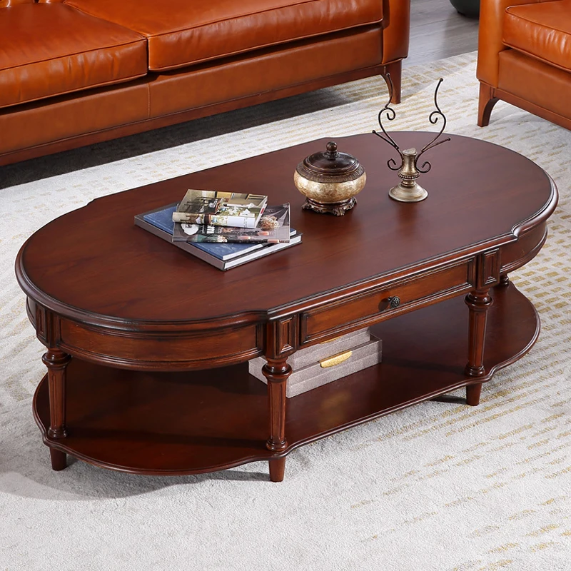 American Light Luxury Solid Wood Double Rounds Drawer Coffee Table Red Brown Retro Nostalgic Long Coffee Table