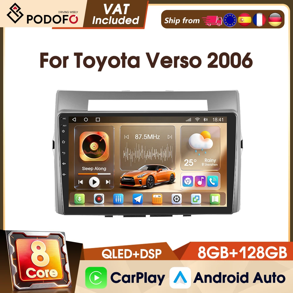 Podofo 4G 9" 8-Kern Universal-Autoradio 8+128G Kabelloses CarPlay Android Auto für Toyota Verso 2006 Smart Intelligent Systems FM RDS WIFI GPS
