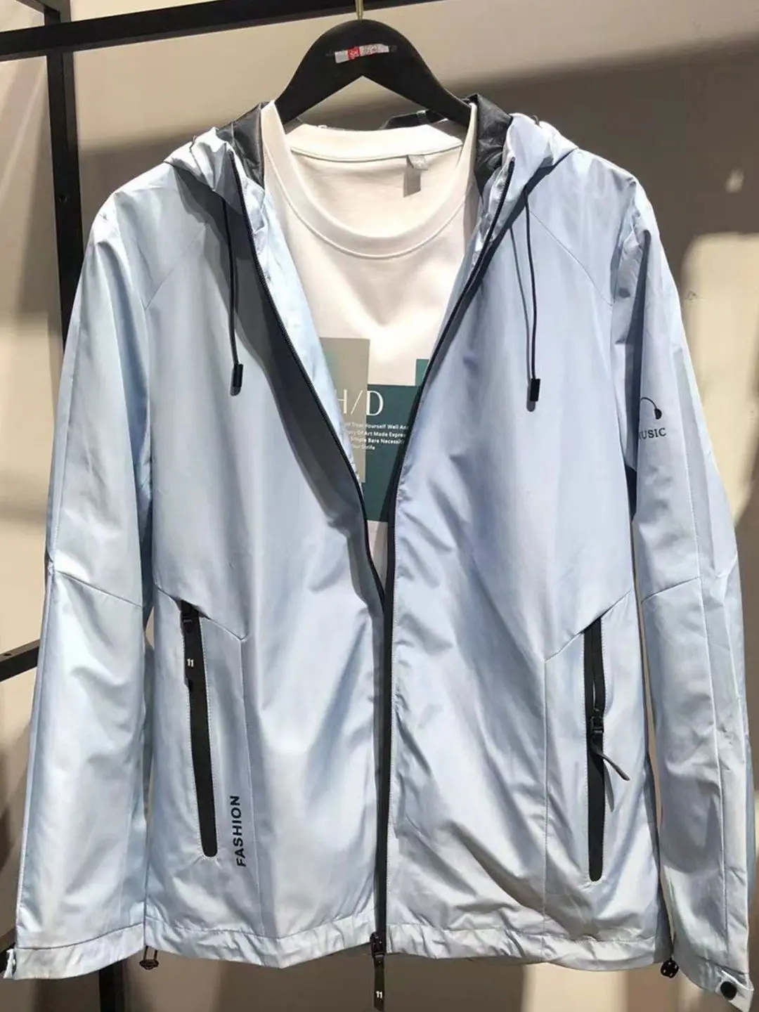 

Men's Casual Thin Hooded Jaet Blue Spring Autumn Lightweight Polyester Fiber Stand Fit Zipper Closure Long Sve Coat