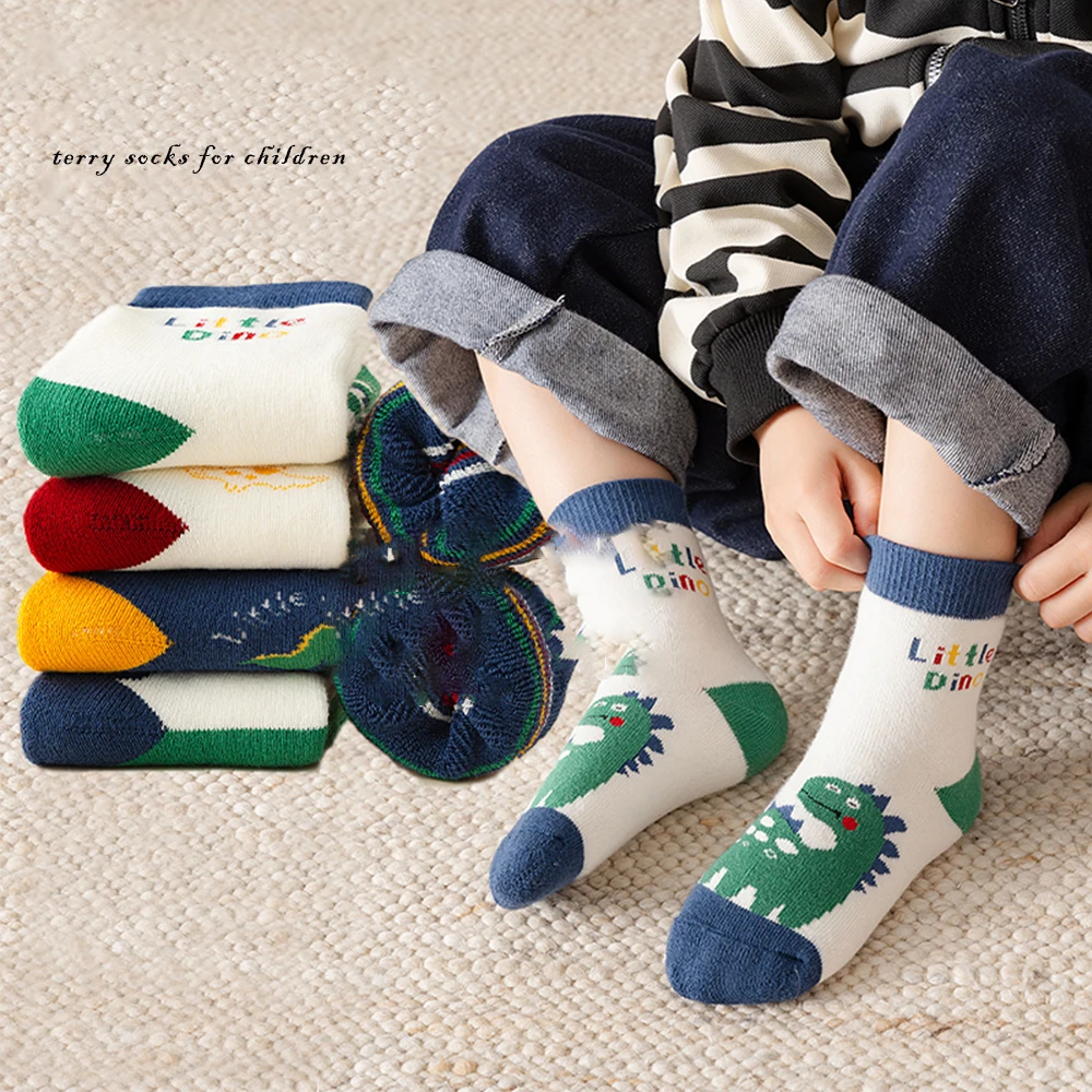 New Style 5Pairs 1-14Years Winter Terry Socks For Children Dinosaur Elastic Cuffs Striped Children's Fashion Cute Warm Socks