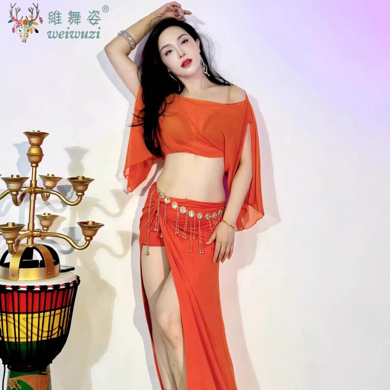 ベリーダンス衣装女性のための半袖トップ + ロングスカート 2 個ベリーダンスメッシュスーツ女性オリエンタルダンスパフォーマンス衣装