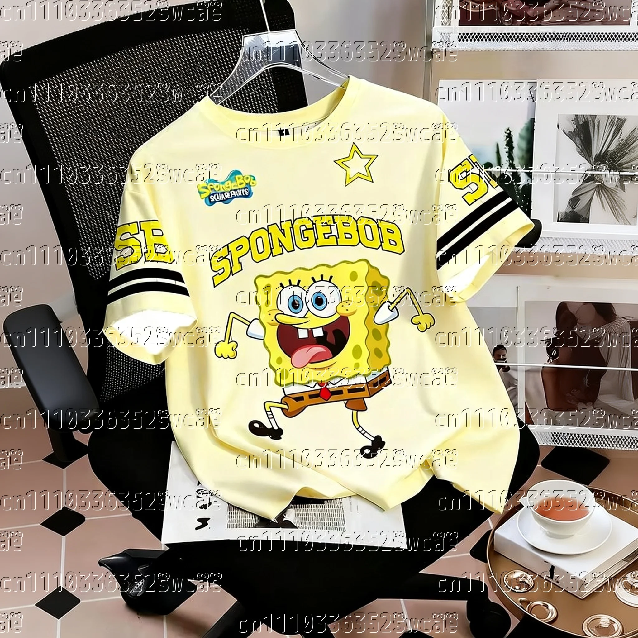 Potdemiel Brand Classic Animation SpongeBob SquarePants American Street Jersey Summer T-shirt, Extra Large Size, Family Matching