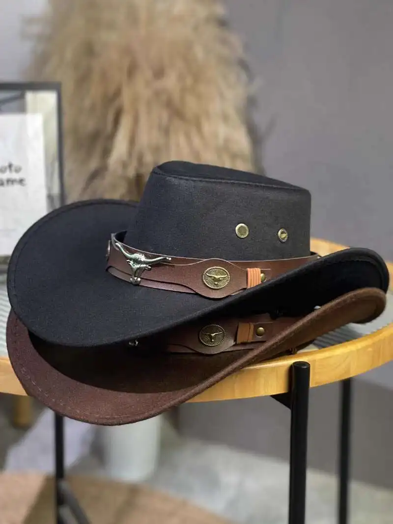 

Big Bull Head Tibetan Jazz For Men Women Four Seasons Outdoor Travel Sunscreen And Sunshade Wool Black Western Cowboy Hat