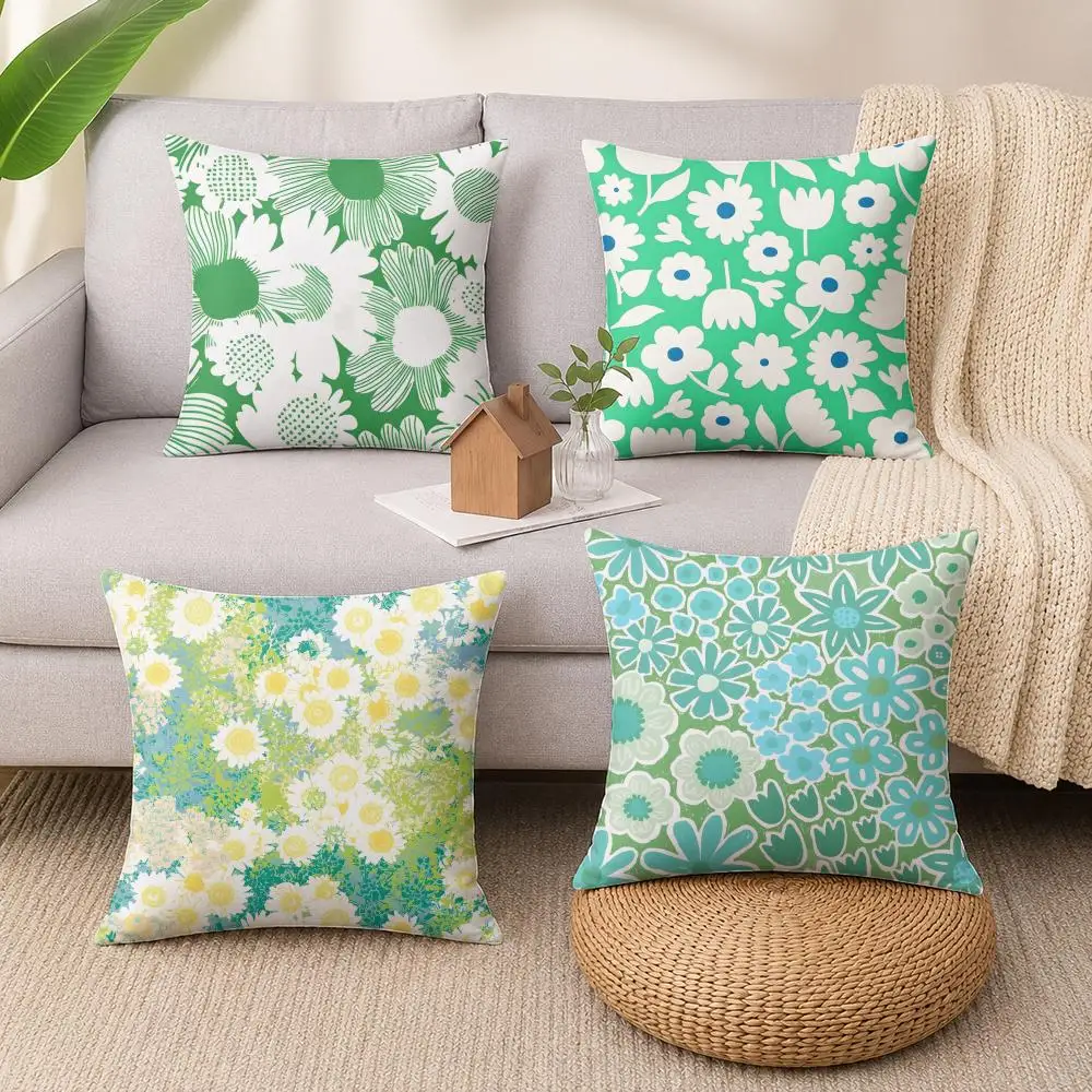Fresh green flowers Cushion Cover Luxury Soft Plush Short Fur Cushion Case Warm Cozy Sofa Bed Decorative Home Accent