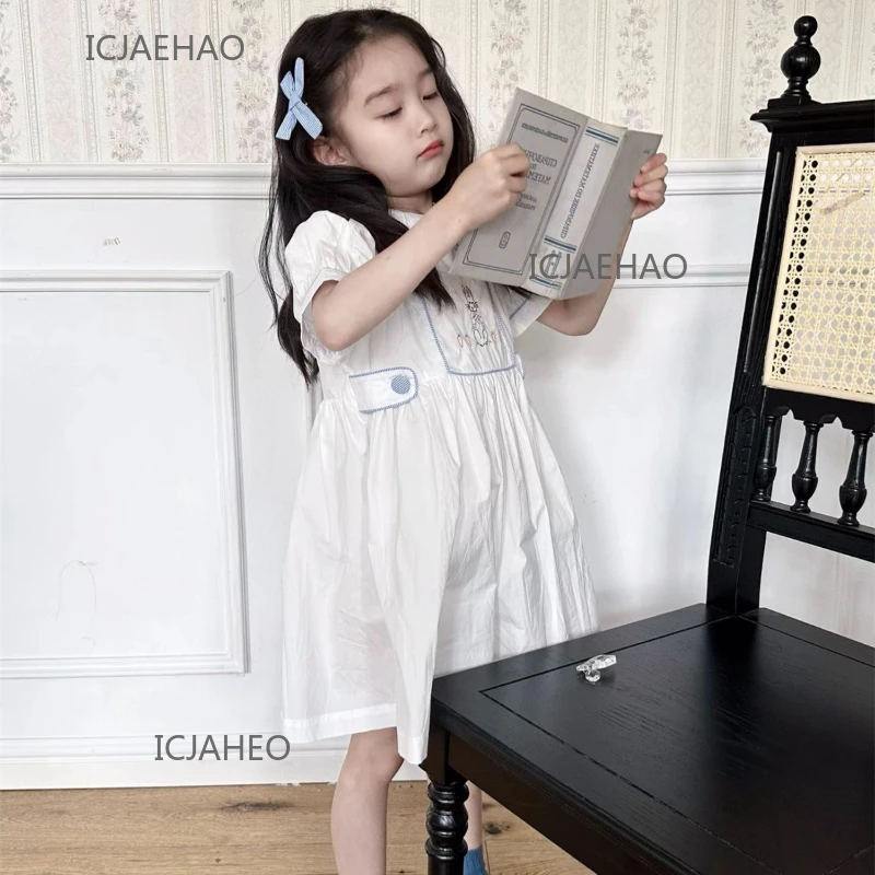 Teen Girl Clothes Children Embroidery Short Costume Girls Collar Dress Preppy Style KidsSleeve Princess Dresses Outfit Summer