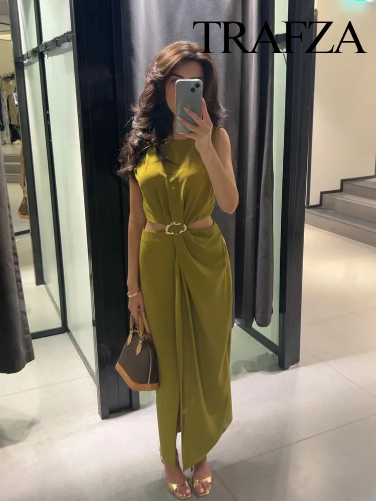 TRAFZA Women Summer Solid O Neck Sleeveless Midi Dress Female Fashion Back Zipper Crop Hollow Out Folds Design Beach Party Dress