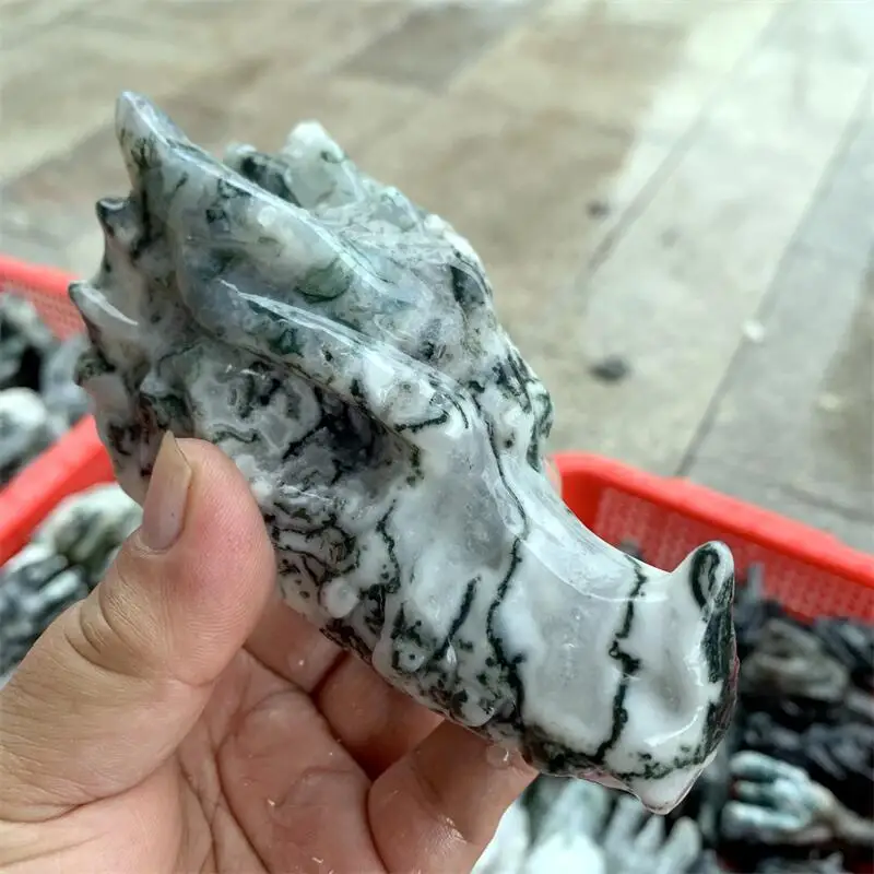 Natural Moss Agate Dragon Skull Carving Head Animal Statue Faucet For Room Decoration Holiday Gifts 1pcs