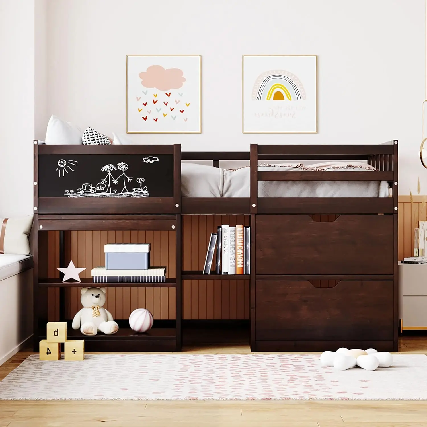 

Twin Size Low Loft Bed With Storage, Kids Loft Bed With Small Rolling Desk & Chalkboard,Two Shelves And Two Drawers,Wooden Twin