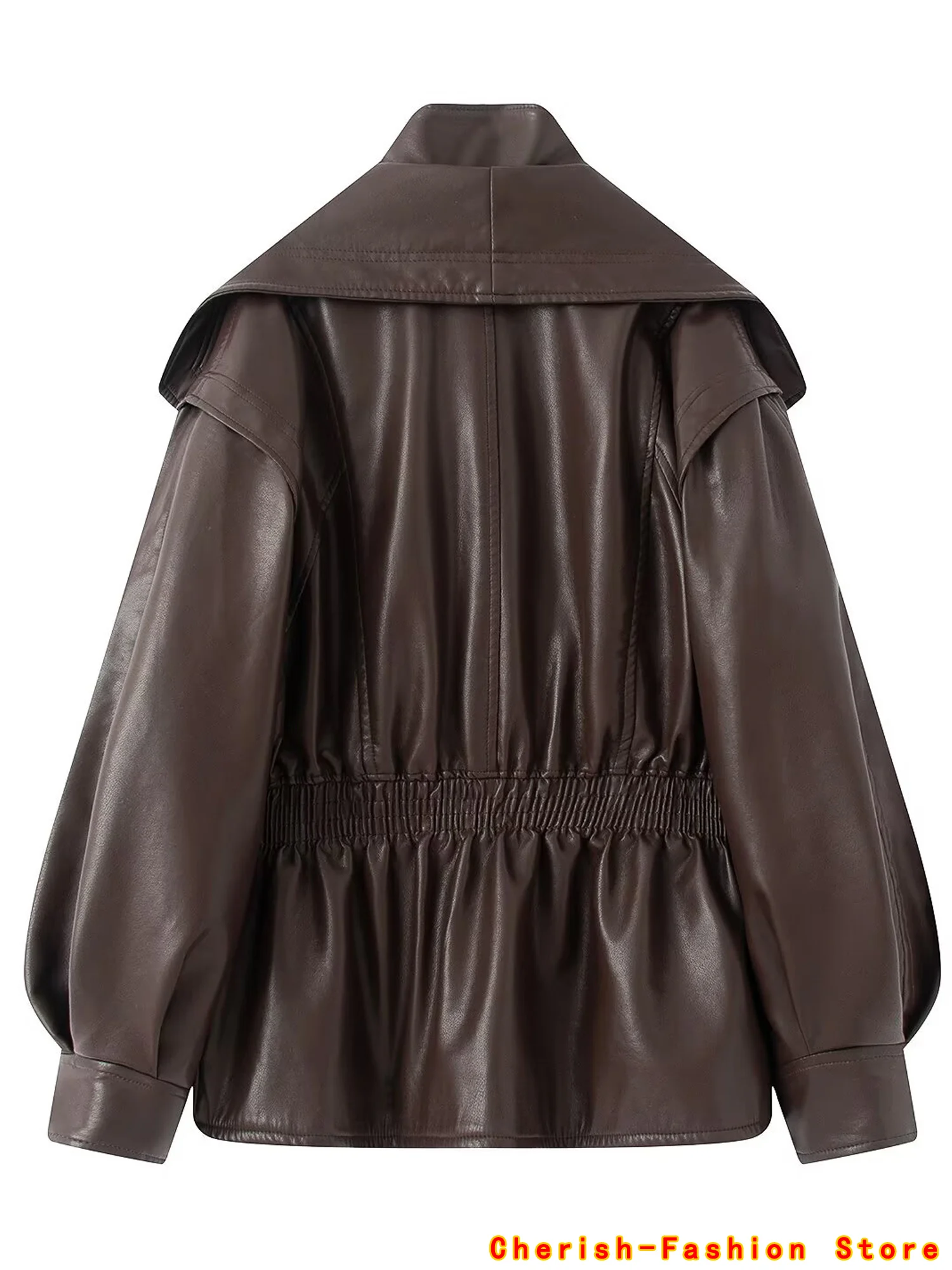 Jaket Kulit Wanita Kasual Kerah Lipat Ritsleting PU 2025, Jaket Luar Ruangan Gaya Highstreet Musim Gugur Terbaru, Pinggang Elastis, Warna Cokelat
