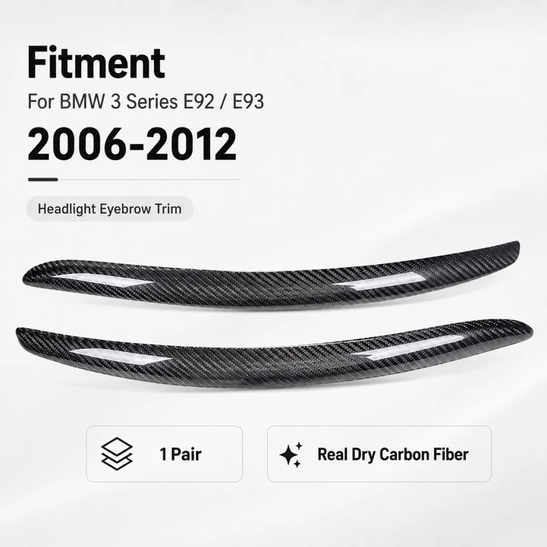 Genuine carbon fiber headlight trim for BMW 2006-2012 E92/E93 headlights, glossy finish.