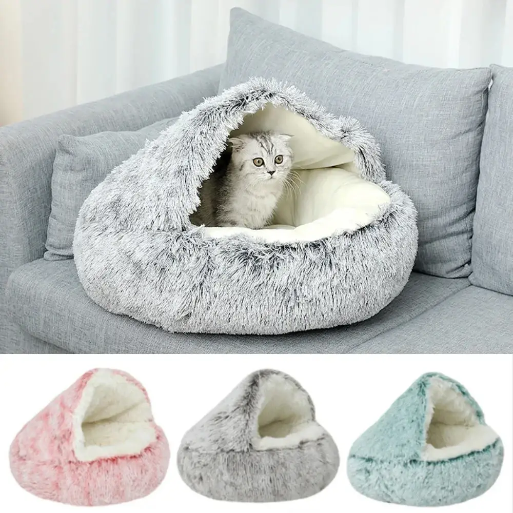 Snooze cama de gato redonda de pelúcia fofa com capuz aconchegante cama de gato caverna para interior donut auto aquecimento cama de cachorro pequeno anti-ansiedade para o inverno